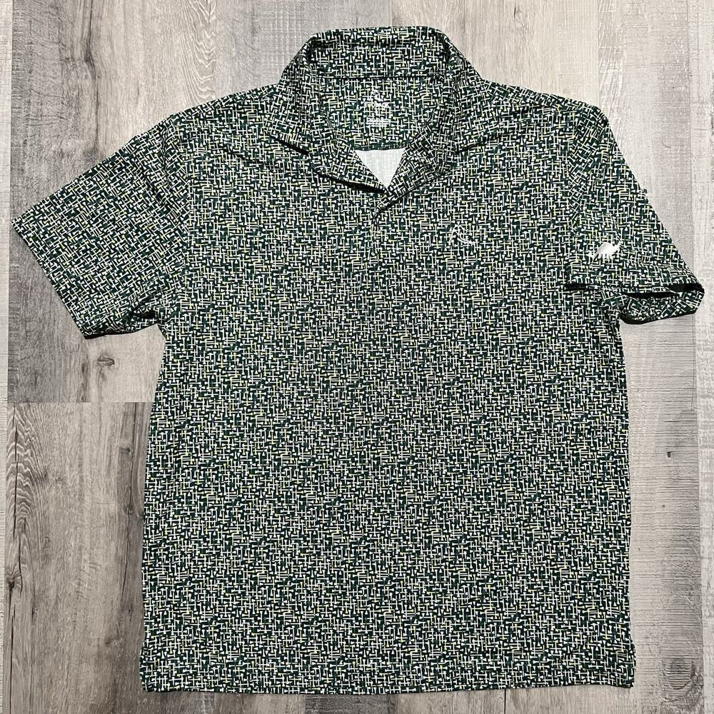Rhoback Polo Shirt Men's Large Green Geometric Print Golf Performance Stretch